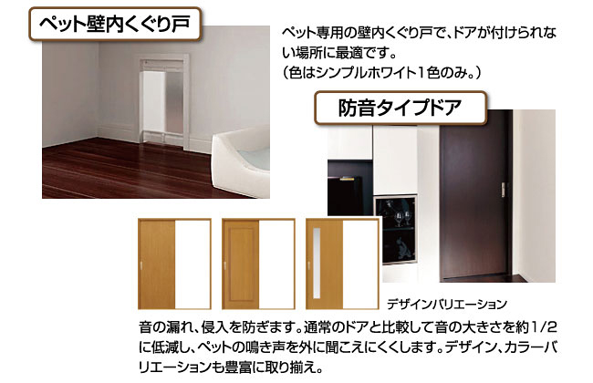 ペット壁内くぐり戸ペット専用の壁内くぐり戸で、ドアが付けられない場所に最適です。（色はシンプルホワイト1色のみ。）防音タイプドア音の漏れ、侵入を防ぎます。通常のドアと比較して音の大きさを約1/2に低減し、ペットの鳴き声を外に聞こえにくくします。デザイン、カラーバリエーションも豊富に取り揃え。