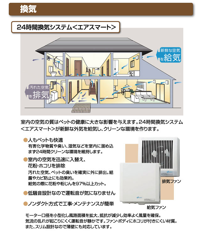 換気24時間換気システム＜エアスマート＞室内の空気の質はペットの健康に大きな影響を与えます。24時間換気システム＜エアスマート＞が新鮮な外気を給気し、クリーンな環境を作ります。●人もペットも快適有害化学物質や臭い、湿気などを室内に溜め込まず24時間クリーンな環境を維持します。●室内の空気を迅速に入替え、　花粉・ホコリを排除汚れた空気、ペットの臭いを確実に外に排出。結露やカビ防止にも効果的。給気の際に花粉や粉じんを97％以上カット。●低騒音設計なので運転音が気になりません●ノンダクト方式で工事・メンテナンスが簡単モーター口径を小型化し風路面積を拡大、抵抗が減少し効率よく風量を確保。気流の乱れが起こりにくく運転音が静かです。ファン・ボディにホコリが付きにくい材質。また、スリム設計なので薄壁にも対応しています。