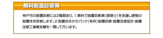 無料耐震診断等 神戸市の耐震診断には2種類あり、1：無料で耐震診断員（建築士）を派遣し建物の耐震性を診断します。2：耐震おまかせパック（有料）耐震診断・耐震改修設計・耐震改修工事費見積を一貫して行います。